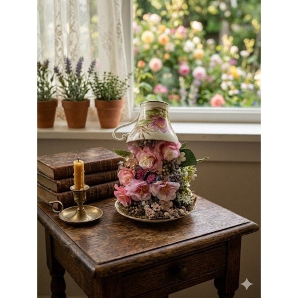 Aynsley England Floating Teacup Centerpiece Faux Floral PinkRose Butterfly Decor